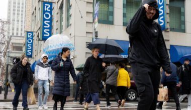 People wearing coats and carrying umbrellas walk across a city street on a rainy day near a store with blue "ROSS" signs.
