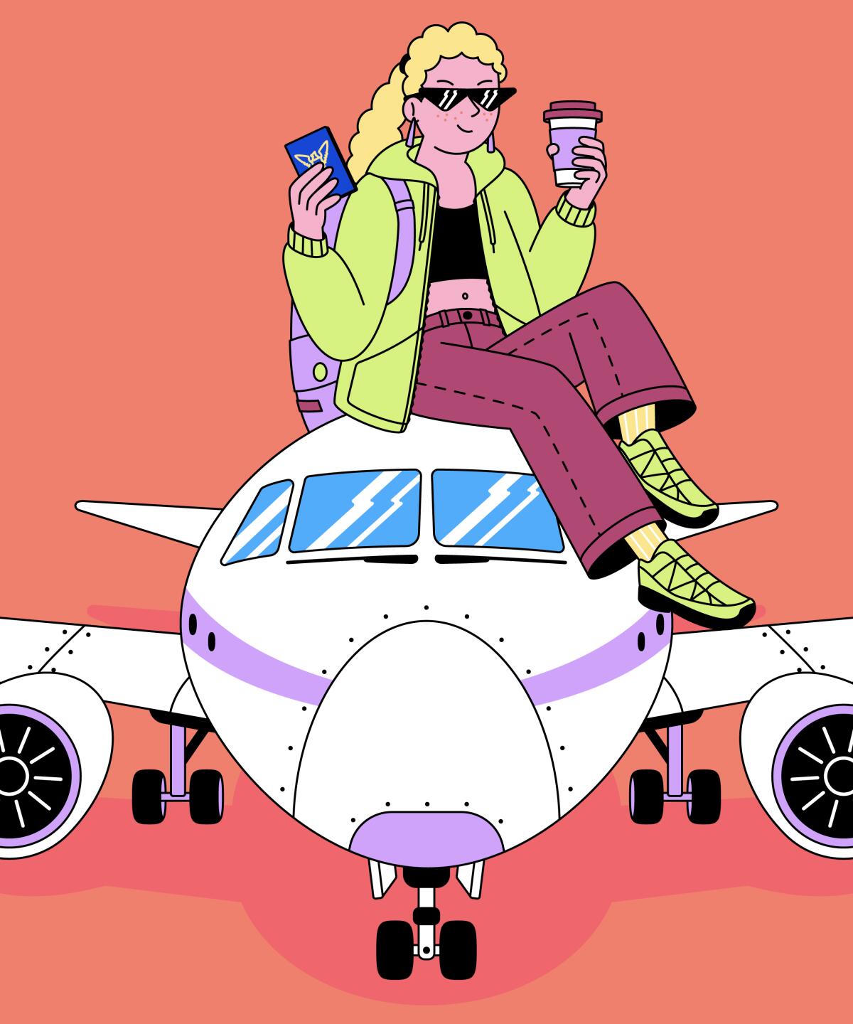 Illustration of a young traveler sitting on top of an airplane