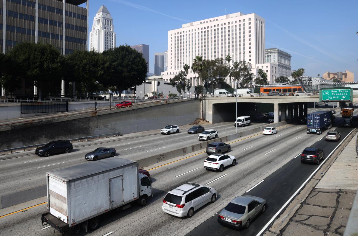 Traffic moves along the 101 freeway 