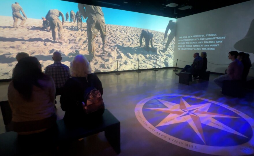 Visitors to the Navy SEAL Museum San Diego are shown in the immersive theater experience watching a film about SEALs being trained at Coronado on March 23, 2026.