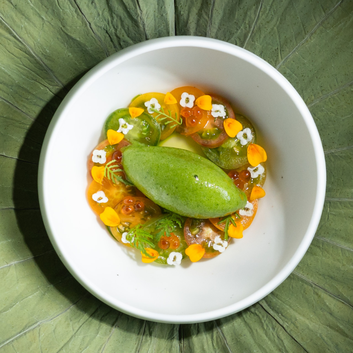 LPerilla leaf sorbet with lemon fern and smoked tomato at Restaurant Ki
