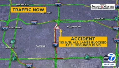 Northbound 110 Freeway shut down in South Los Angeles due to overturned cement truck