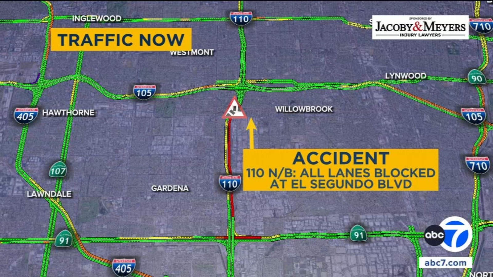 Northbound 110 Freeway shut down in South Los Angeles due to overturned cement truck