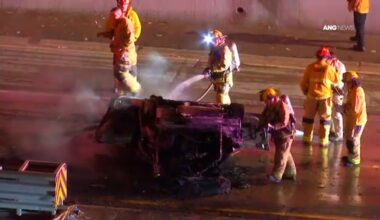 1 person killed in fiery, 3-vehicle crash on 110 Freeway in downtown LA