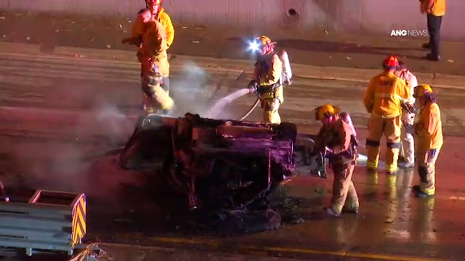 1 person killed in fiery, 3-vehicle crash on 110 Freeway in downtown LA