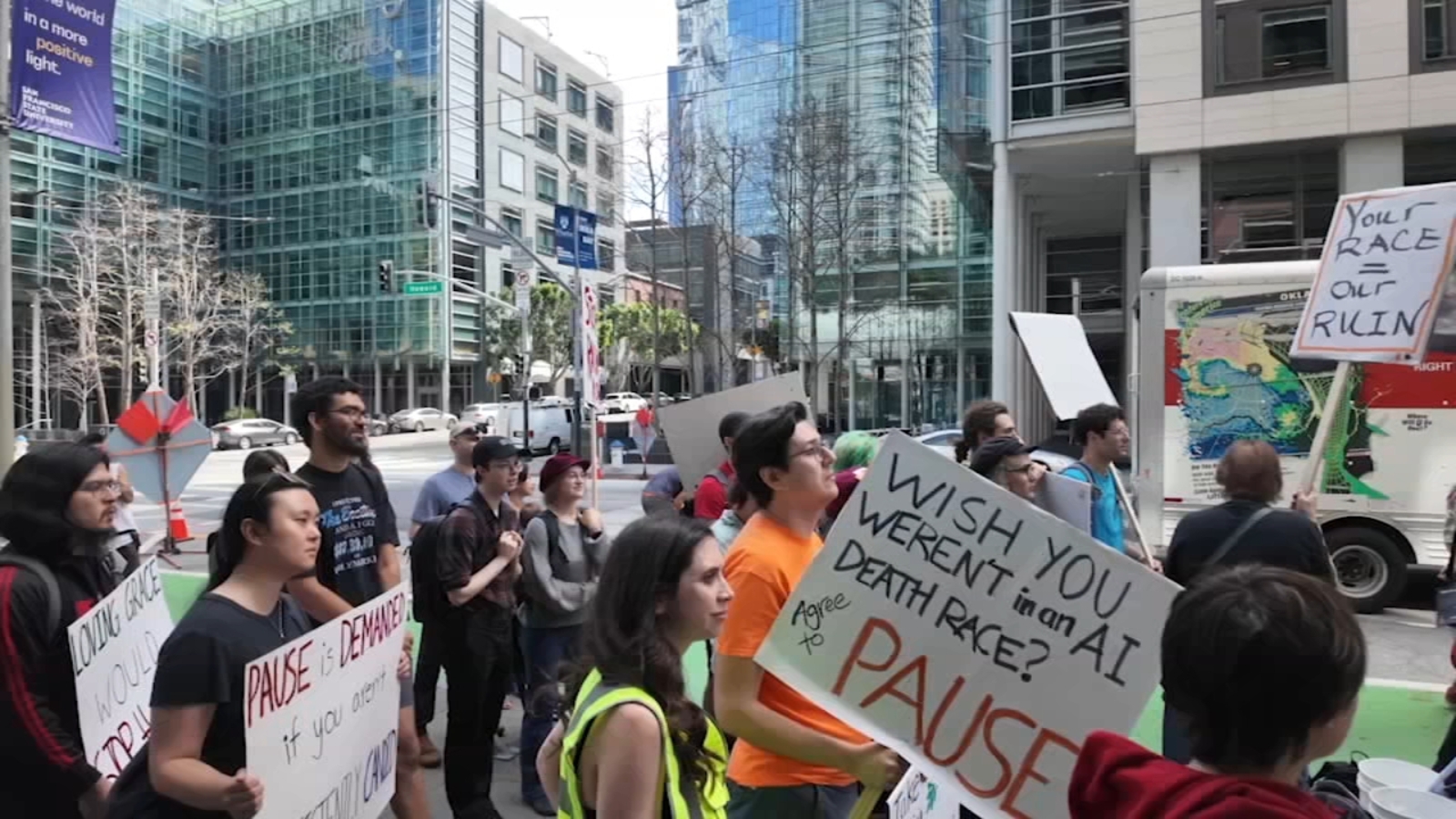 SF protesters call for AI pause at Anthropic, OpenAI, xAI as White House pushes national framework, Trump seeks liability limits