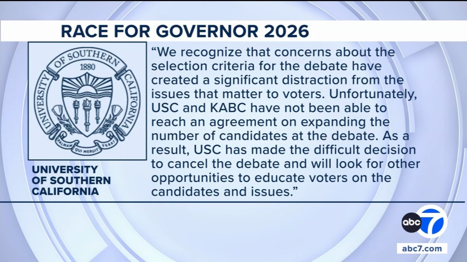 Tuesday's gubernatorial debate at USC called off