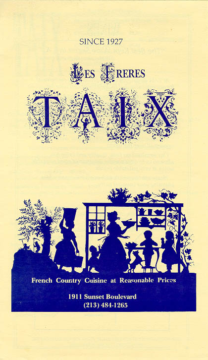 Menu at Taix in the 1980s with blue lettering on yellow paper.