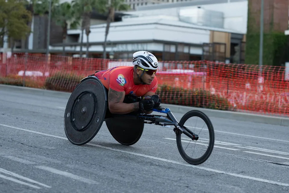 Francisco Sanclemente of Colombia competes in the wheelchair division during the Los Angeles Marathon on Sunday, March 8, 2026, in Los Angeles.