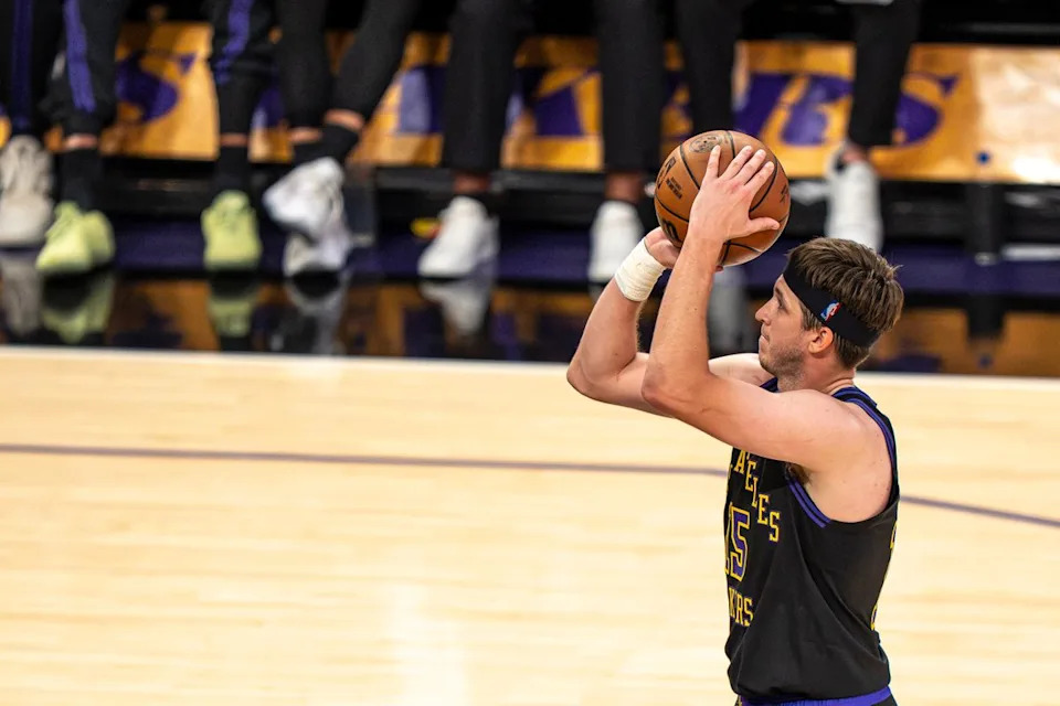 Los Angeles Lakers guard Austin Reaves (15) successfully shooting a free throw during an NBA basketball game against the Minnesota Timberwolves on March 10th, 2026 in Los Angeles, CA.