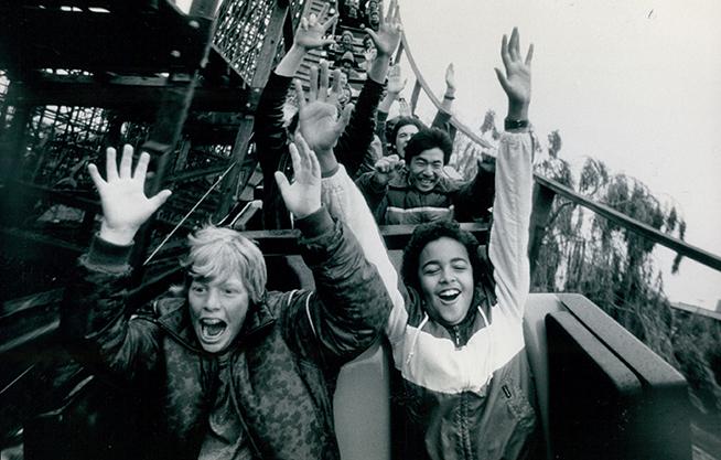 1986: Marriott's Great America patrons enjoy the thrill of riding...