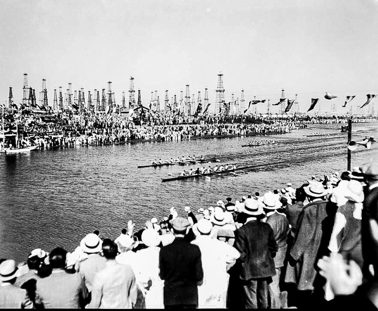 Crowds watching eights racing at the 1932 Olympics. Photo courtesy of University of Southern California and California Historical Society