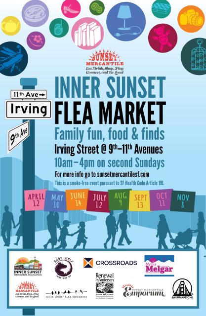 Poster for the Inner Sunset Flea Market with event details, colorful graphics, and logos of sponsors; event runs 10am–4pm on second Sundays from May to November on Irving Street.