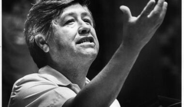 Cesar Chavez speaks at the 1980 political endorsement conference held at Trade Tech College in Los Angeles, Sunday, Sept. 7, 1980.