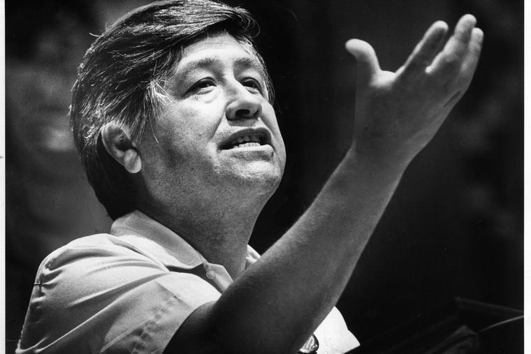 Cesar Chavez speaks at the 1980 political endorsement conference held at Trade Tech College in Los Angeles, Sunday, Sept. 7, 1980.