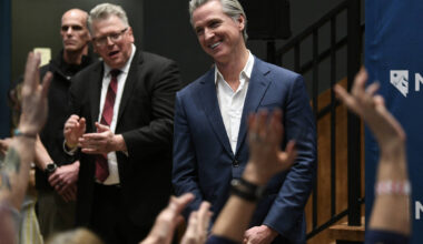 California Governor Gavin Newsom arrives for a book tour stop Wednesday, March 4, 2026, in Las ...