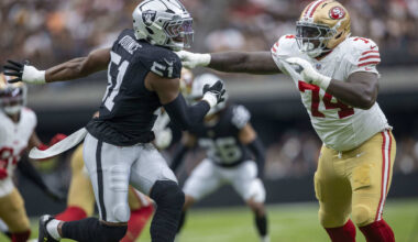 Raiders defensive end Malcolm Koonce (51) works against San Francisco 49ers offensive tackle Sp ...