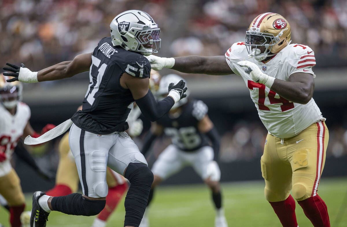 Raiders defensive end Malcolm Koonce (51) works against San Francisco 49ers offensive tackle Sp ...