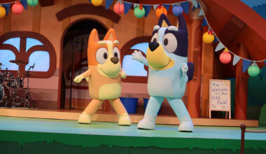 Bingo, left, and Bluey in "Bluey's Best Day Ever!" at the Disneyland Resort, a n ...