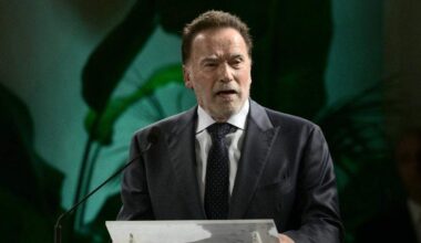 Arnold Schwarzenegger delivers a speech at the International Conference “Raising Hope for Climate Justice” at the Mariapolis Center in Castel Gandolfo on Oct. 1, 2025. The former California governor, actor and champion weightlifter is being inducted into the California Hall of Fame.