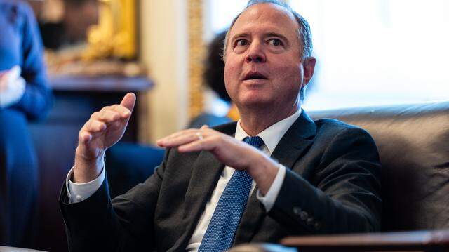 Senator Adam Schiff, D-CA, participates in a pad and pen meeting with reporters at the U.S. Capitol on November 6, 2025, in Washington, D.C.