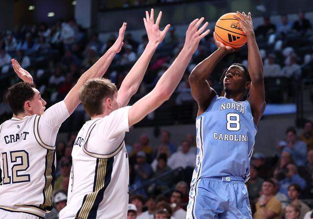Caleb Wilson of the North Carolina Tar Heels attempts a shot against the Georgia Tech Yellow Jackets during the second half at Hank McCamish Pavilion on Jan. 31 in Atlanta.