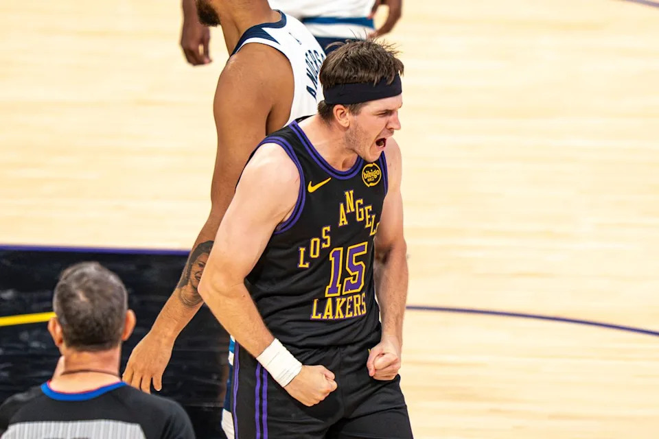 Los Angeles Lakers guard Austin Reaves (15) celebrating a two point basket during an NBA basketball game against the Minnesota Timberwolves on March 10th, 2026 in Los Angeles, CA.