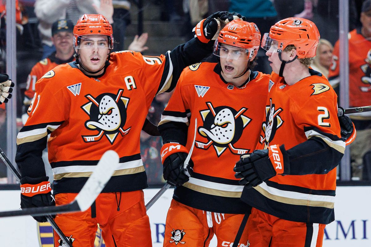 Anaheim Ducks left wing Cutter Gauthier (61) celebrates after scoring a goal during an NHL match against the Calgary Flames on March 1, 2026 in Anaheim, California. Anaheim Ducks left wing Cutter Gauthier (61) celebrates after scoring a goal during an NHL match against the Calgary Flames on March 1, 2026 in Anaheim, California.