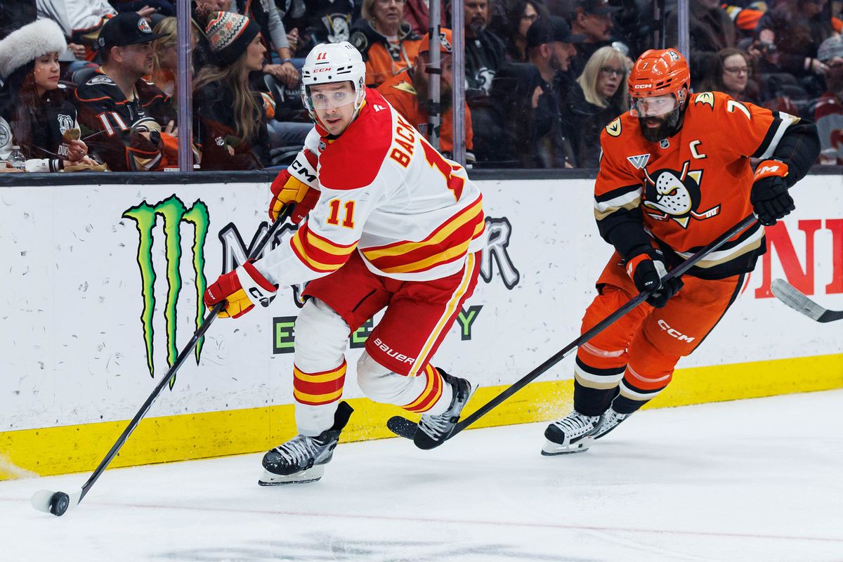 Calgary Flames center Mikael Backlund (11) skates with the puck during an NHL match against the Anaheim Ducks on March 1, 2026 in Anaheim, California. Calgary Flames center Mikael Backlund (11) skates with the puck during an NHL match against the Anaheim Ducks on March 1, 2026 in Anaheim, California.
