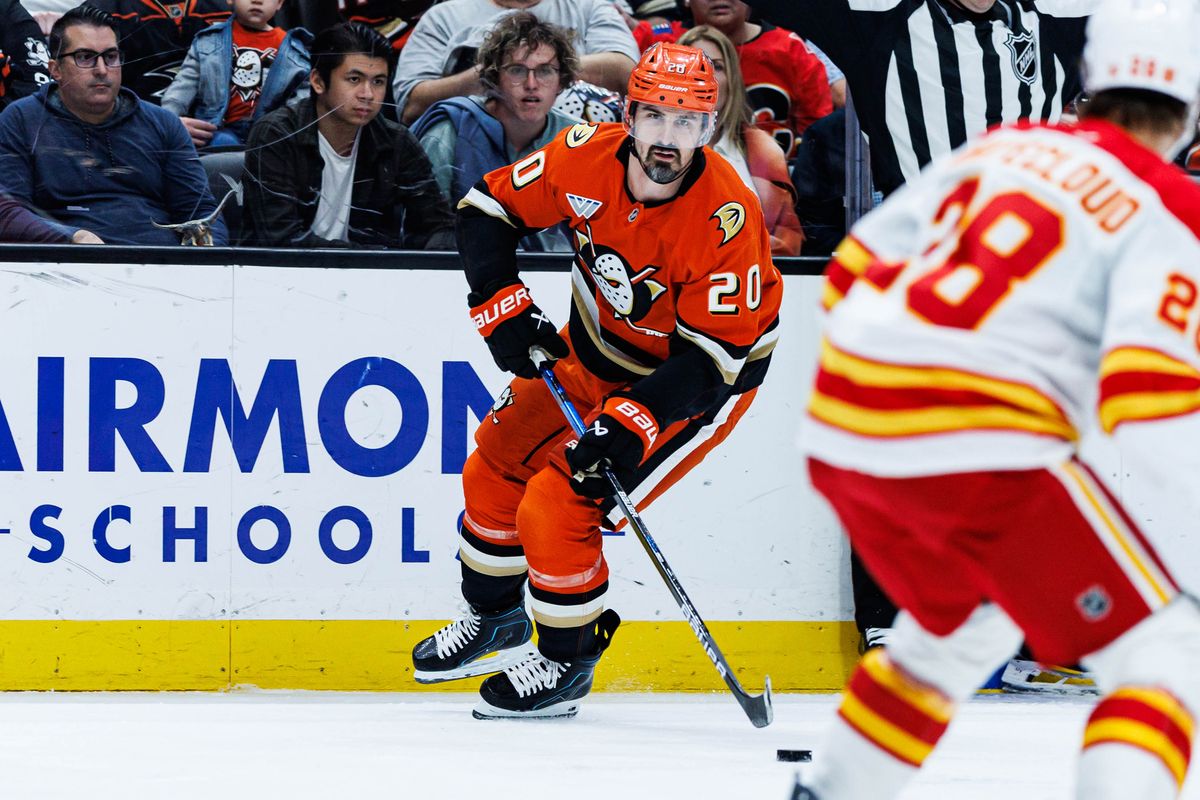 Anaheim Ducks left wing Chris Kreider (20) skates up with the puck during an NHL match against the Calgary Flames on March 1, 2026 in Anaheim, California. Anaheim Ducks left wing Chris Kreider (20) skates up with the puck during an NHL match against the Calgary Flames on March 1, 2026 in Anaheim, California.