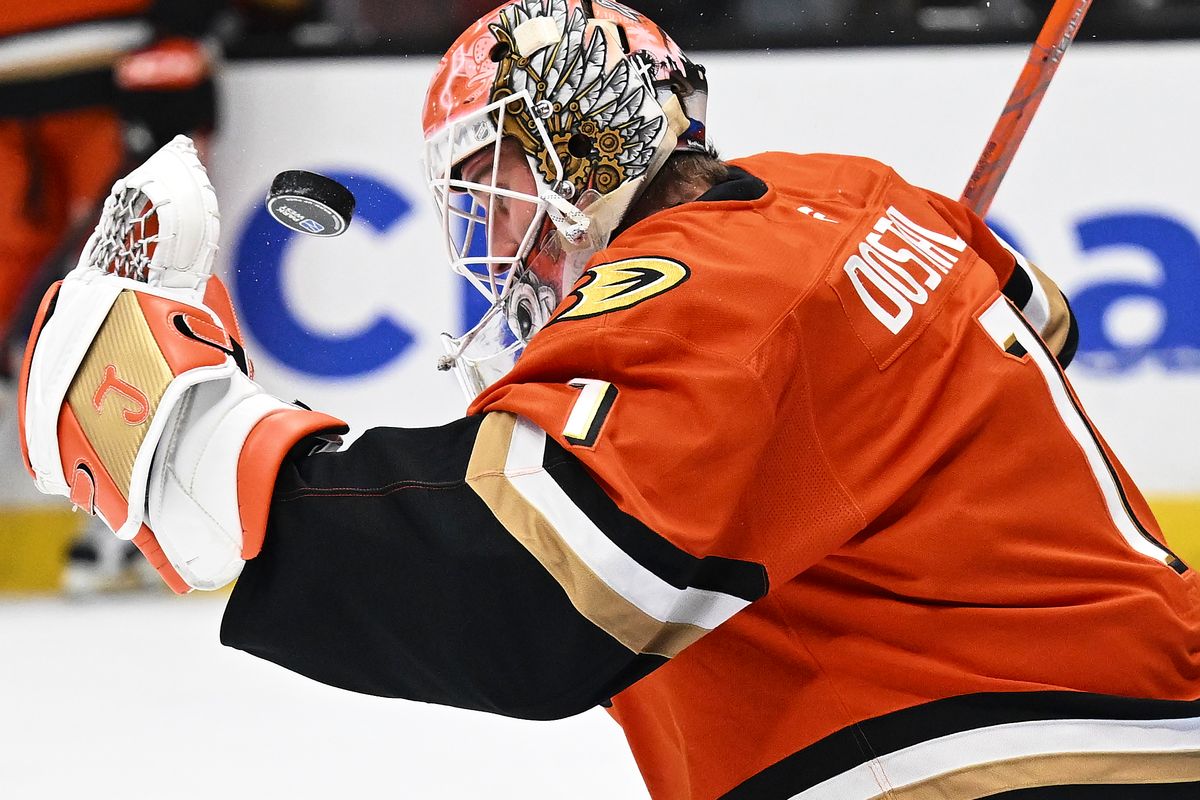 The Anaheim Ducks goaltender Lukas Dostal (1) defends the net during an NHL game against The Colorado Avalanche, March 3rd, 2026 in Anaheim California. The Anaheim Ducks goaltender Lukas Dostal (1) defends the net during an NHL game against The Colorado Avalanche, March 3rd, 2026 in Anaheim California.