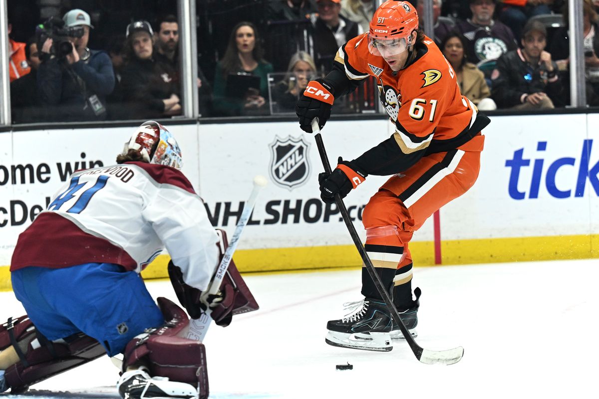 The Anaheim Ducks left wing Cutter Gauthier (61) shoots a goal attempt during an NHL game against The Colorado Avalanche, March 3rd, 2026 in Anaheim California. The Anaheim Ducks left wing Cutter Gauthier (61) shoots a goal attempt during an NHL game against The Colorado Avalanche, March 3rd, 2026 in Anaheim California.