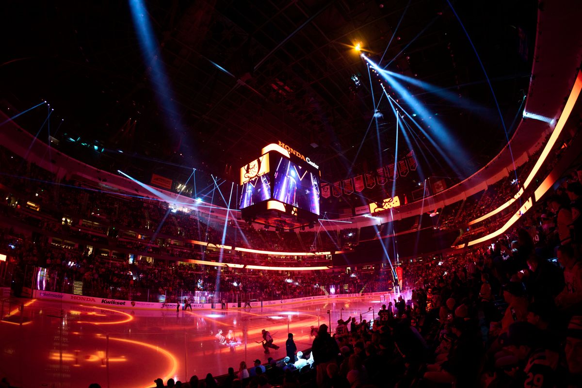The Anaheim Ducks take the ice during an NHL game against The Colorado Avalanche, March 3rd, 2026 in Anaheim California. The Anaheim Ducks take the ice during an NHL game against The Colorado Avalanche, March 3rd, 2026 in Anaheim California.