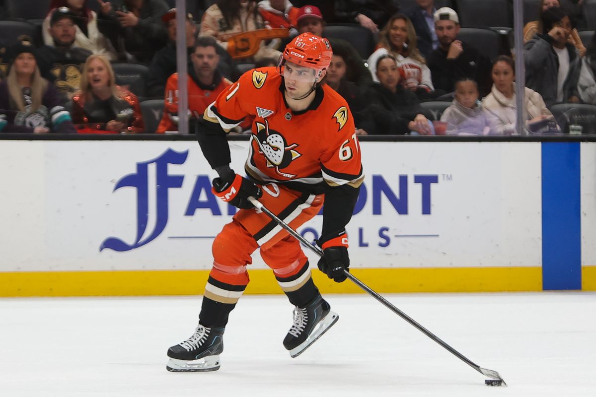 Anaheim Ducks left wing Cutter Gauthier (61) skates with the puck during an NHL game against the New York Islanders on March 4, 2026 in Anaheim, CA.