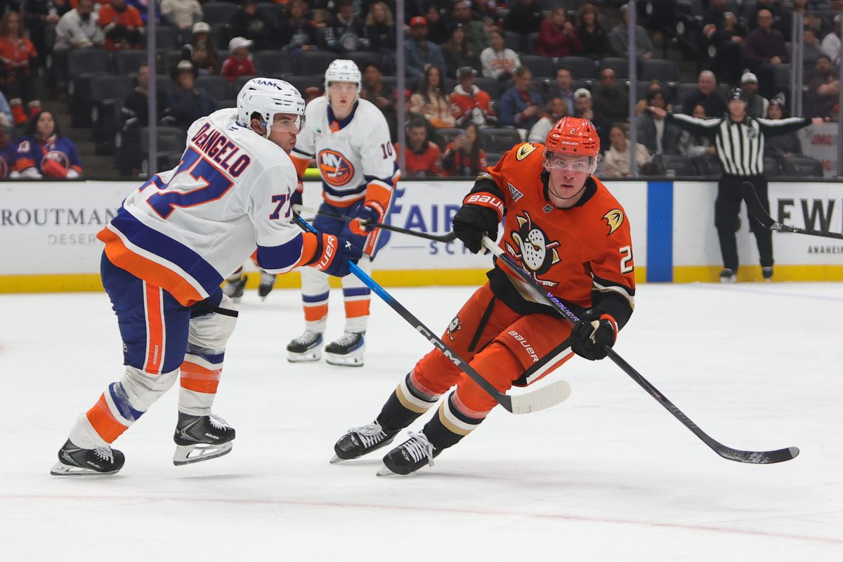 Anaheim Ducks defenseman Jackson LaCombe (2) chases after the puck during an NHL game against the New York Islanders on March 4, 2026 in Anaheim, CA.