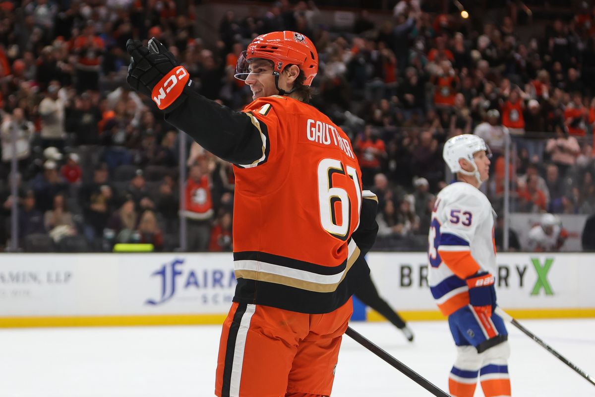 Anaheim Ducks left wing Cutter Gauthier (61) reacts after scoring a goal during an NHL game against the New York Islanders on March 4, 2026 in Anaheim, CA.