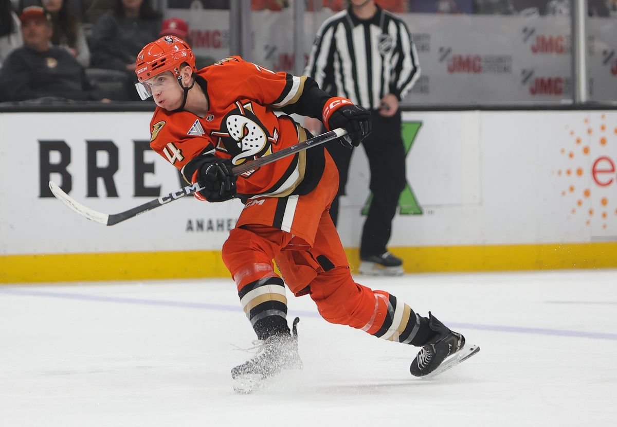 Anaheim Ducks defenseman Ian Moore (74) takes a shot on goal during an NHL game against the New York Islanders on March 4, 2026 in Anaheim, CA.