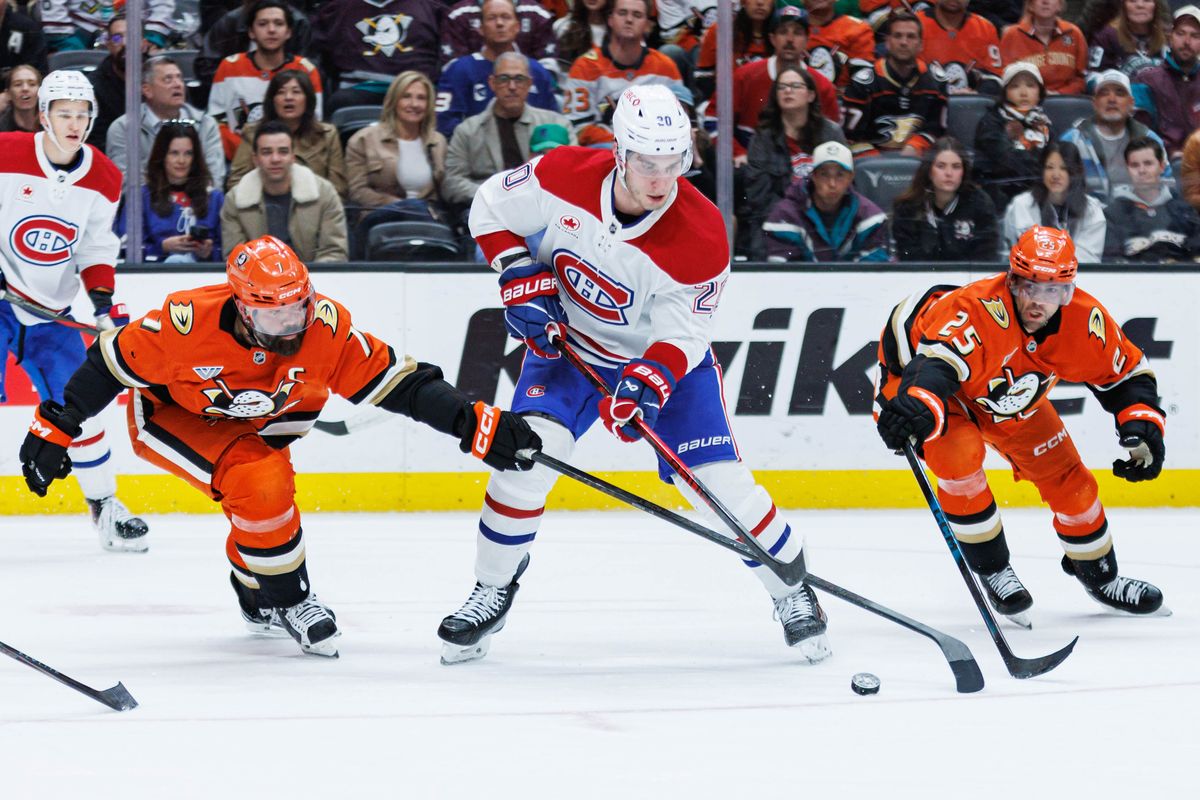 Montreal Canadiens left wing Juraj Slafkovsky (20) defends the puck during an NHL match against the Anaheim Ducks on March 6, 2026 in Anaheim, California.