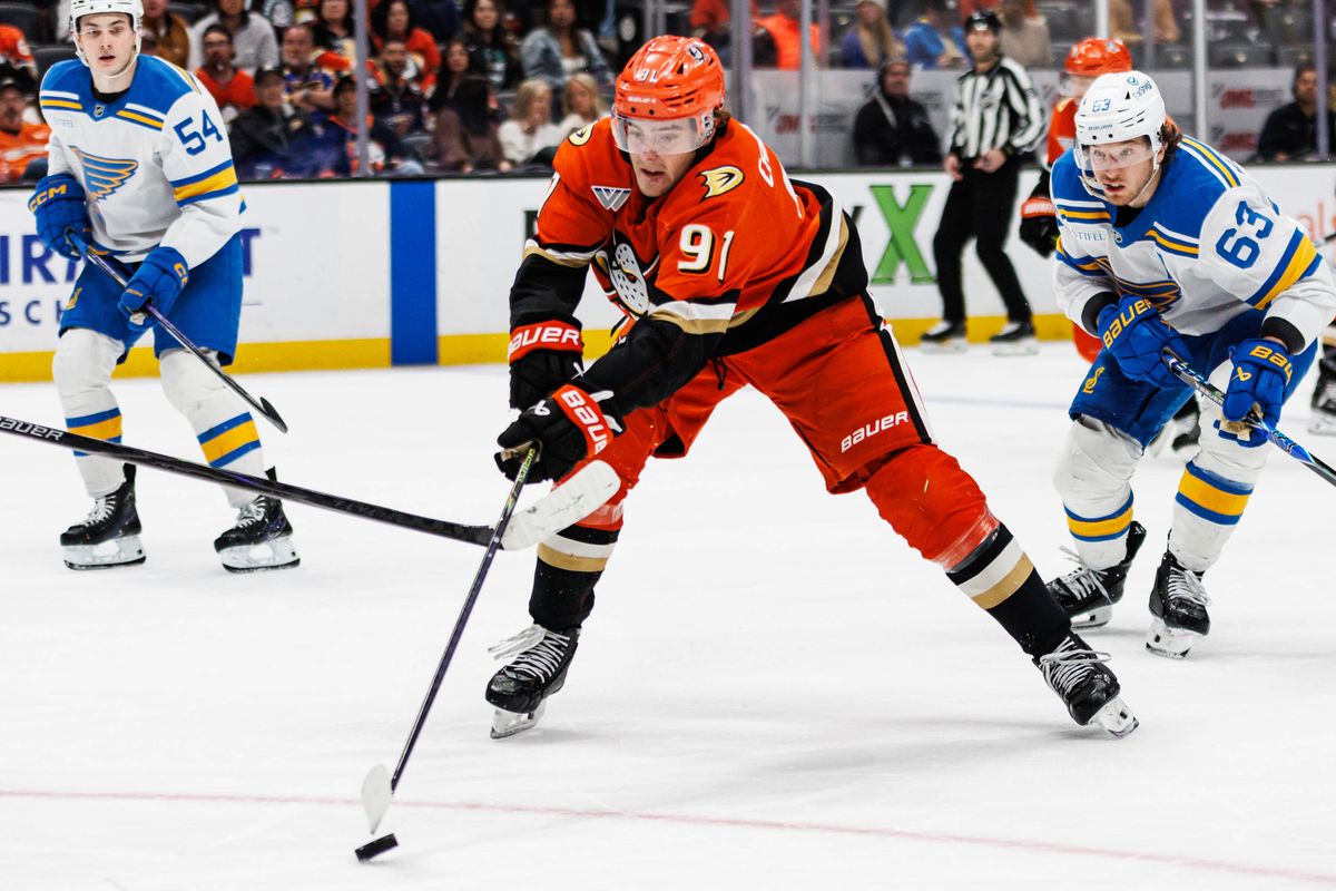 Anaheim Ducks center Leo Carlsson (91) defends the puck during an NHL match against the St. Louis Blues on March 8, 2026 in Anaheim, California. Anaheim Ducks center Leo Carlsson (91) defends the puck during an NHL match against the St. Louis Blues on March 8, 2026 in Anaheim, California.