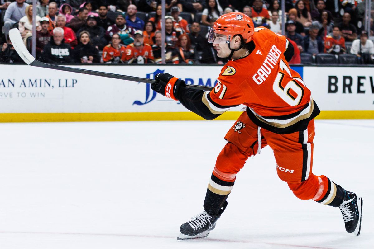 Anaheim Ducks left wing Cutter Gauthier (#61) shoots the puck during an NHL match against the Philadelphia Flyers on March 18, 2026 in Anaheim, California. Anaheim Ducks left wing Cutter Gauthier (#61) shoots the puck during an NHL match against the Philadelphia Flyers on March 18, 2026 in Anaheim, California.