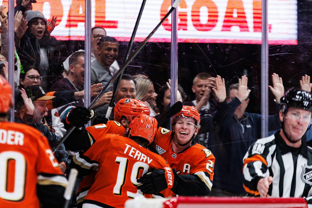 Anaheim Ducks players celebrate a goal that was scored during an NHL match against the Philadelphia Flyers on March 18, 2026 in Anaheim, California. Anaheim Ducks players celebrate a goal that was scored during an NHL match against the Philadelphia Flyers on March 18, 2026 in Anaheim, California.