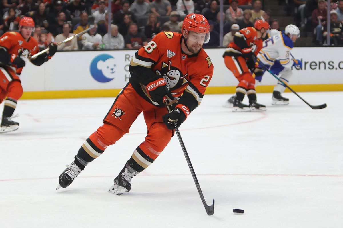 Anaheim Ducks left wing Jeffrey Viel (28) skates with the puck during an NHL game against the Buffalo Sabres on March 22, 2026 in Anaheim, CA.
