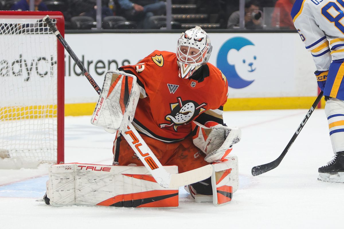 Anaheim Ducks goalie Ville Husso (33) in action during an NHL game against the Buffalo Sabres on March 22, 2026 in Anaheim, CA.
