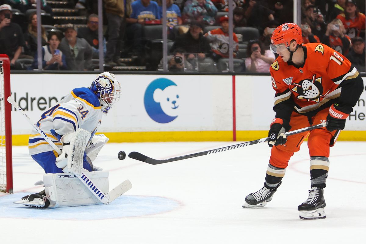 Anaheim Ducks right wing Troy Terry (19) shoots the game winning goal in overtime during an NHL game against the Buffalo Sabres on March 22, 2026 in Anaheim, CA.
