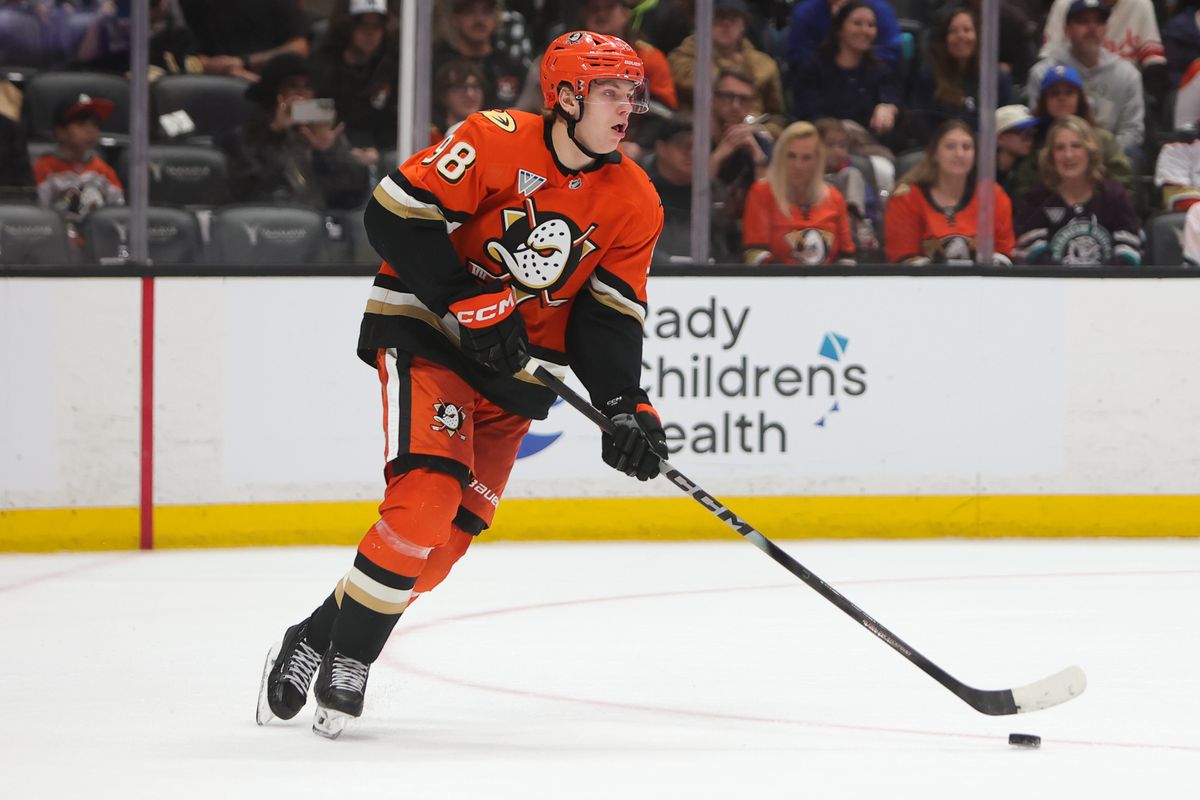 Anaheim Ducks defenseman Pavel Mintyukov (98) skates with the puck during an NHL game against the Buffalo Sabres on March 22, 2026 in Anaheim, CA.