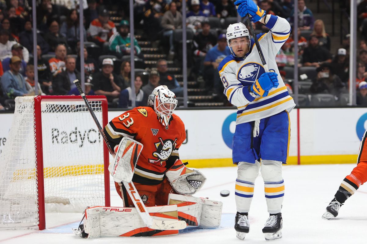 Anaheim Ducks goalie Ville Husso (33) attempts to make a stop during an NHL game against the Buffalo Sabres on March 22, 2026 in Anaheim, CA.