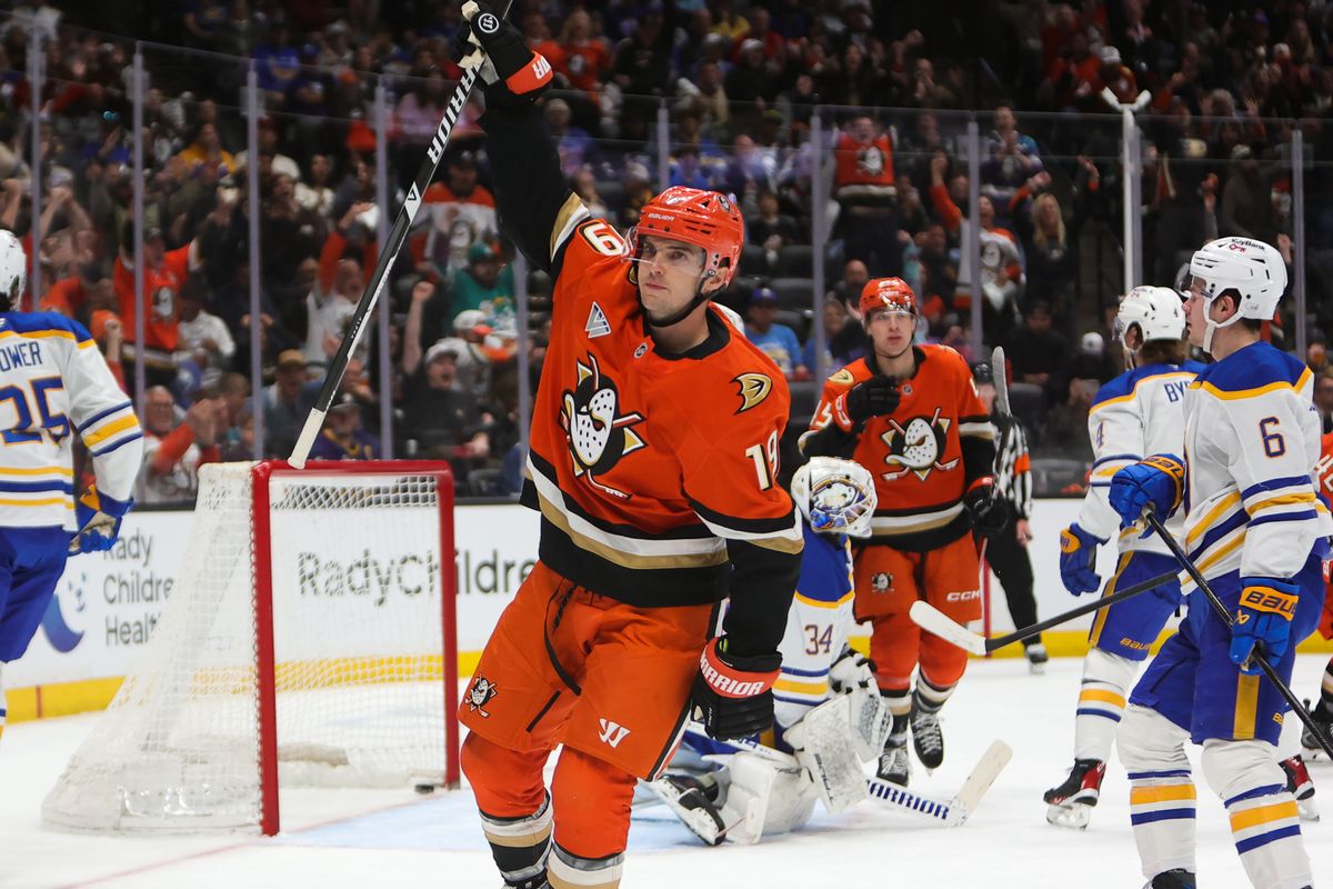 Anaheim Ducks right wing Troy Terry (19) celebrates a goal in the second period during an NHL game against the Buffalo Sabres on March 22, 2026 in Anaheim, CA.