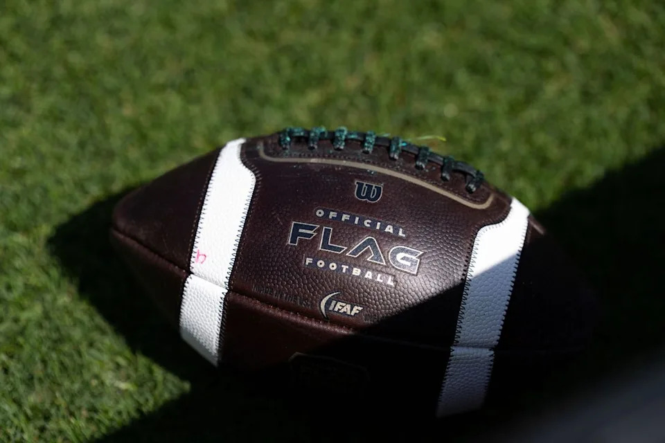 An official flag football is seen during the Fanatics Flag Football event, March 21, 2026, in Los Angeles.