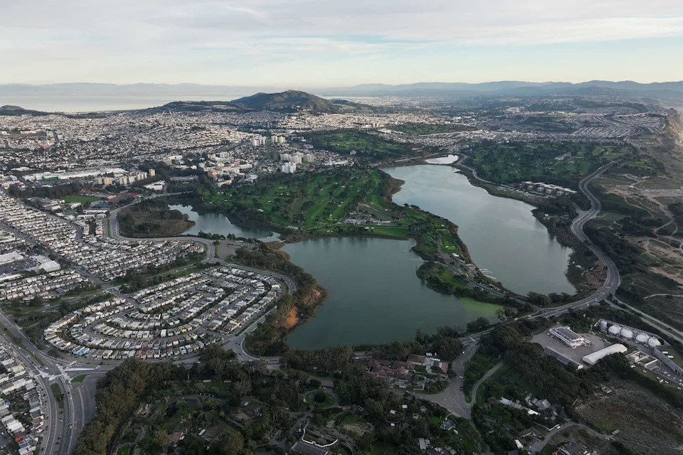 FILE: An aerial view of Lake Merced on the west side of San Francisco, with Lowell High School in the background. (Anadolu/Getty Images)