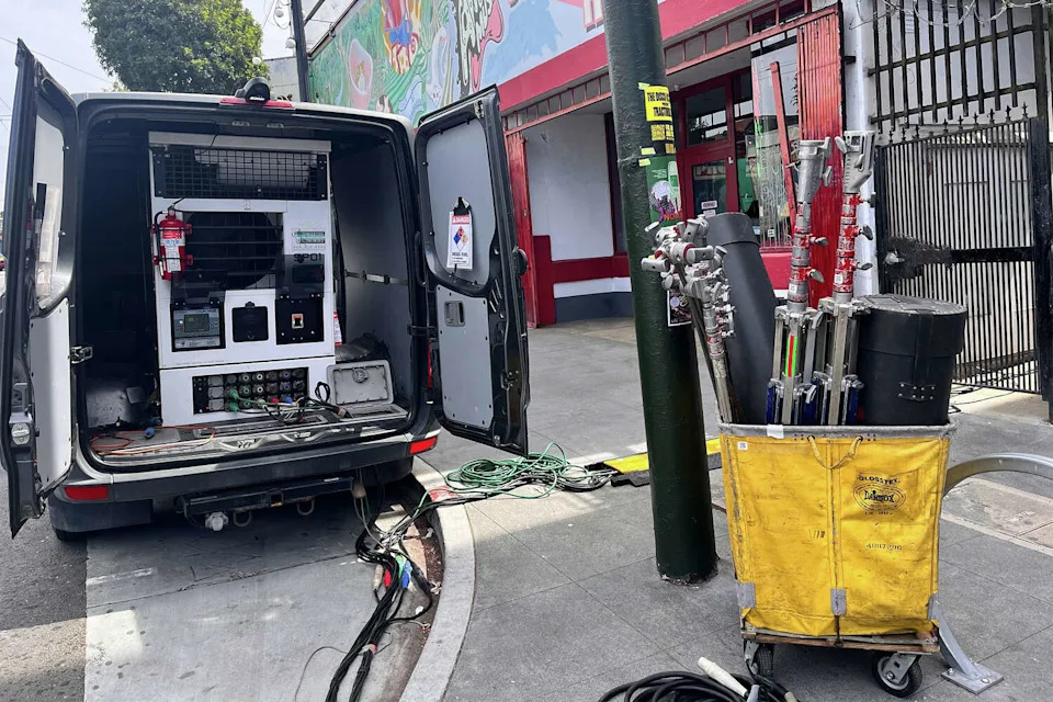 Equipment on the sidewalk outside Amoeba Music on March 27, 2026. (Timothy Karoff/SFGATE)